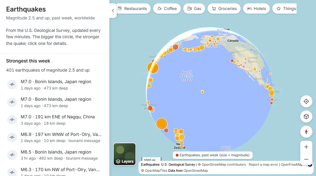 The Earthquakes page: circles on a world map sized by magnitude and colored by how recent they are, a key at the bottom, and in the panel a list headed Strongest this week